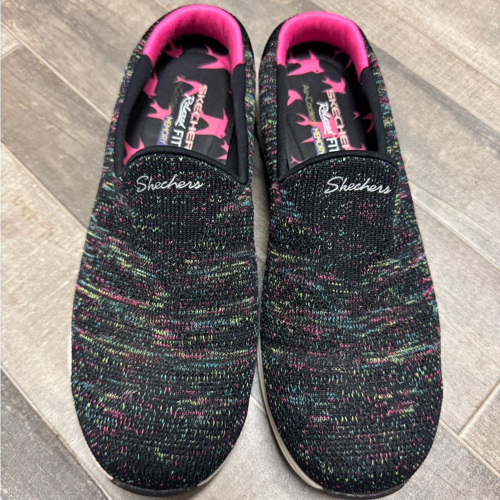 Skechers Black Knit Slip-On Sneakers with Pink Bird Insole and Multicolor Thread